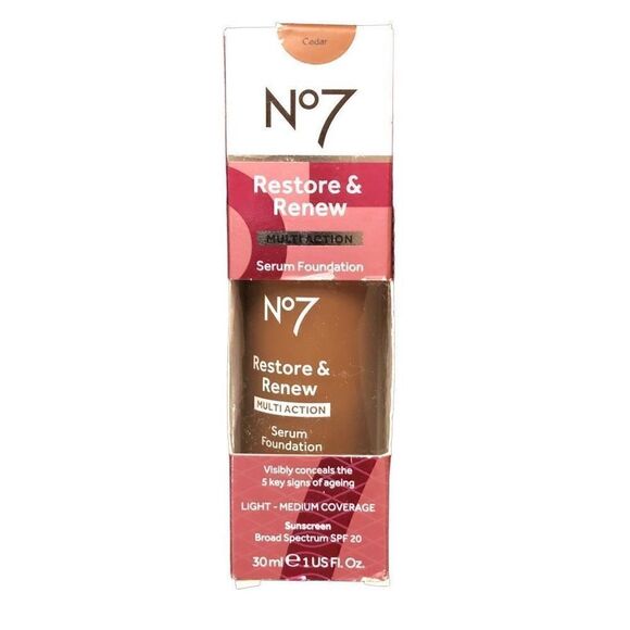 No7 Restore & Renew Multi Action Serum Foundation Cedar, 1 fl oz ea, NIB - Picture 1 of 3